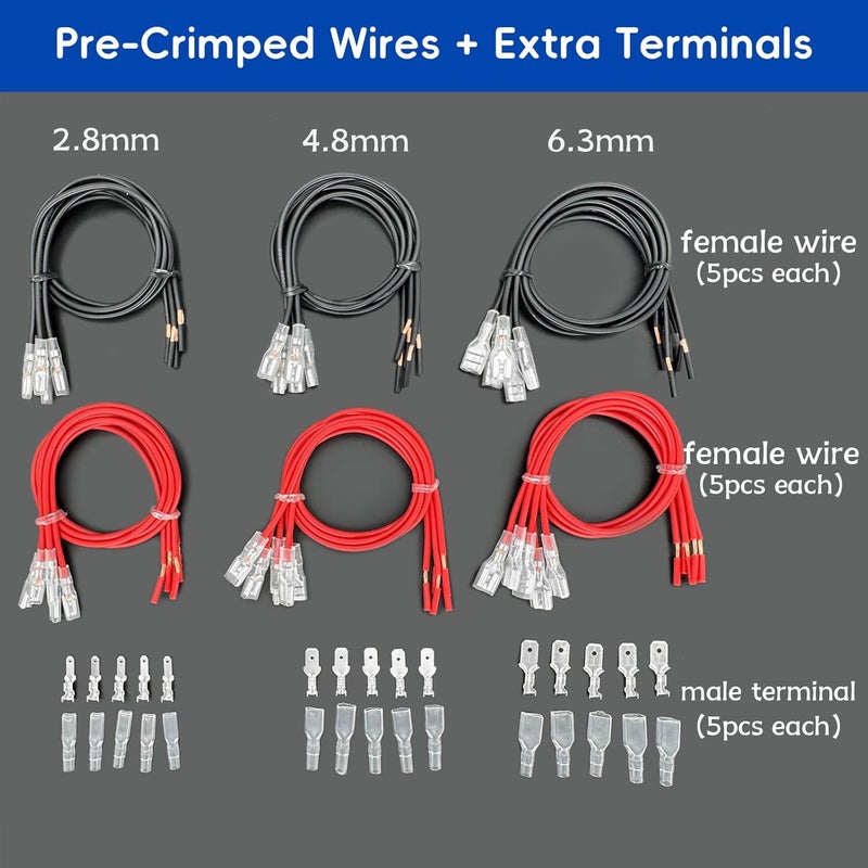 Fixpax Speaker Wire Connector Kit 30PCS 18AWG Female Spade Terminal Wire Connectors Pre-Crimped 2.8/4.8/6.3mm, 30cm Red & Black, with 15PCS Extra Open-End Male Terminals—All with Insulating Sleeves - Image 3
